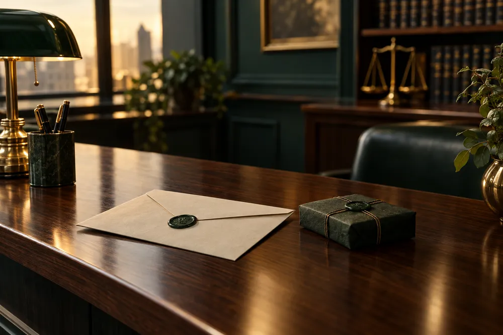 Sealed envelope and a small parcel resting on a walnut office reception desk