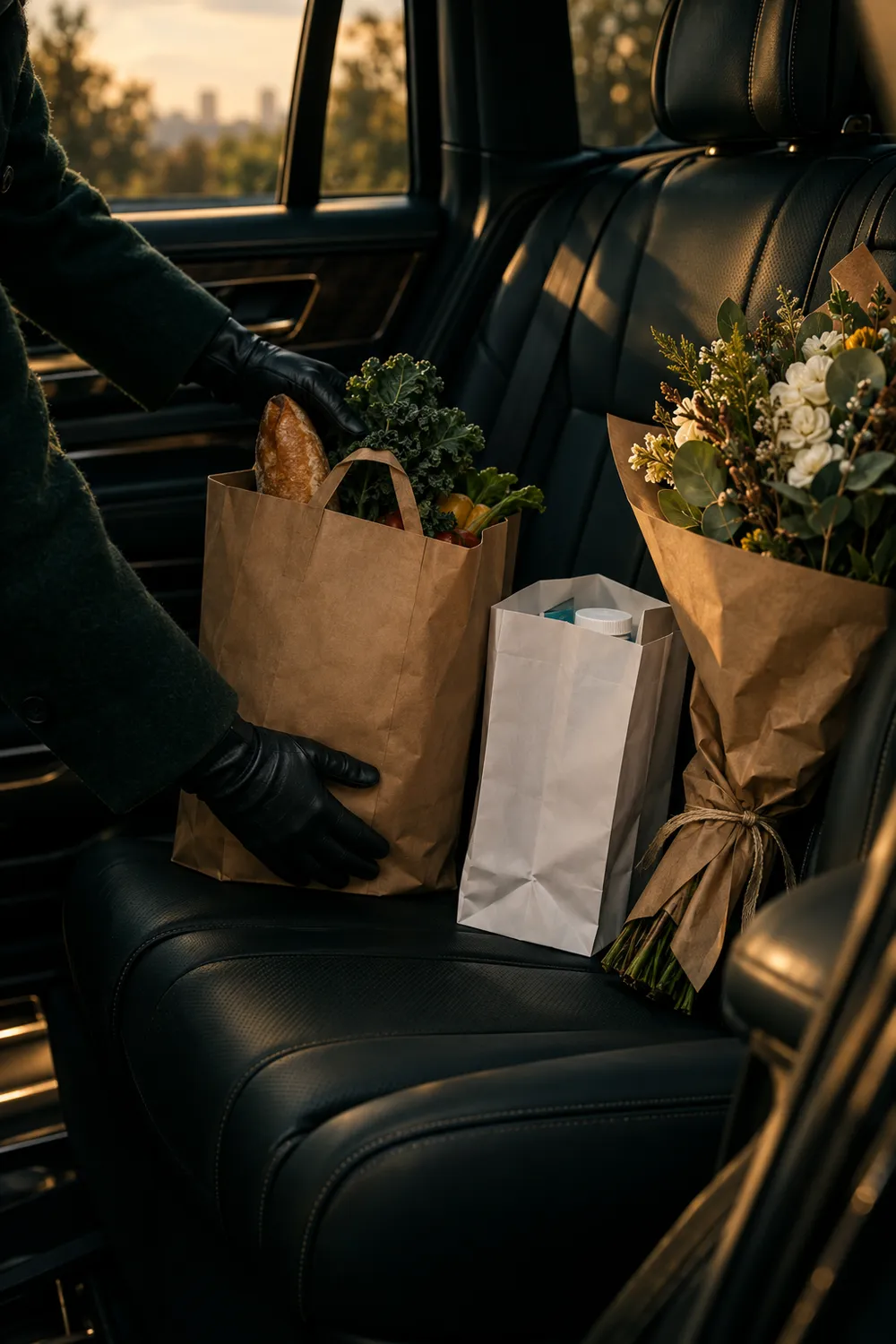 Gloved hands placing grocery and pharmacy bags and a bouquet into the back seat of a dark vehicle