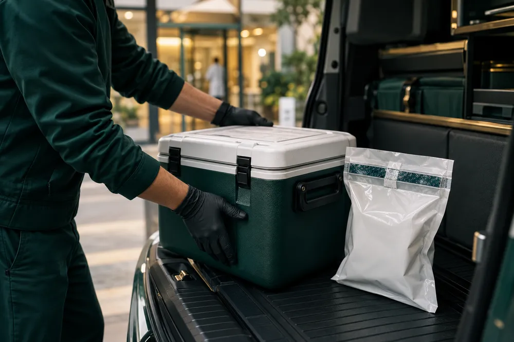 Courier placing a sealed specimen cooler and a sealed pharmacy bag into a clean vehicle cargo area